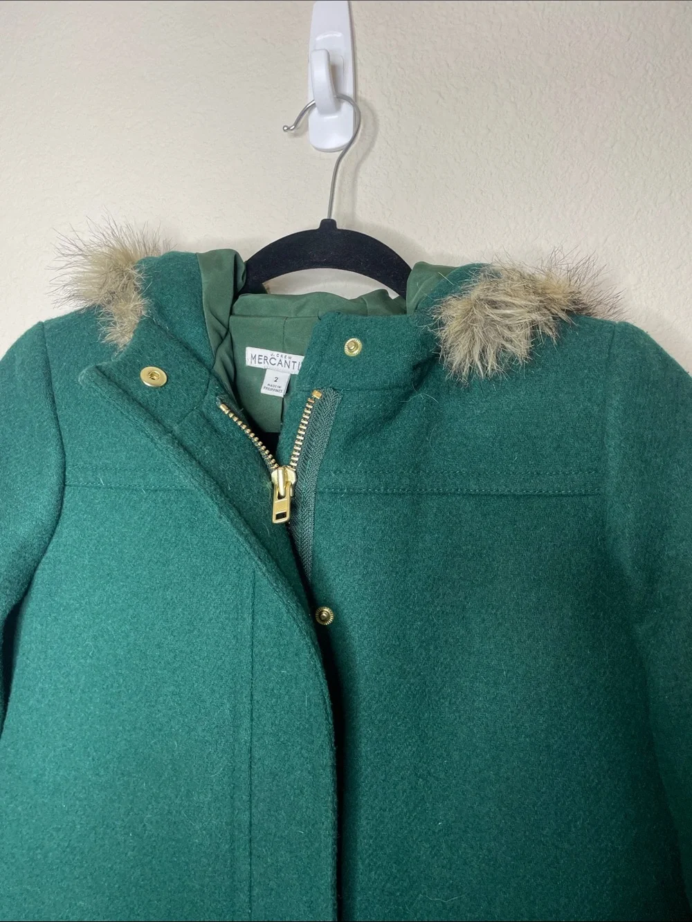 J.Crew Mercantile | Women’s Green Wool Vail Parka Faux Fur Collar Size 2 - Picture 4 of 7